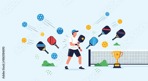 Enthusiastic athlete playing pickleball on a court with several paddles and balls flying around and a trophy nearby.