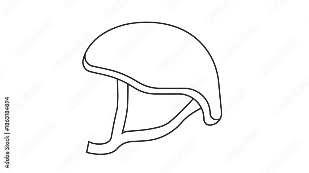 Fototapeta premium Minimalist line drawing of a modern military helmet silhouette with curved brim, neck guard and cheek strap, vector outline icon for graphic design