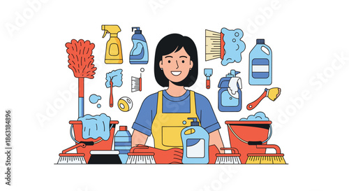 Smiling young woman wearing an apron and gloves surrounded by various household cleaning tools and chemical supplies.