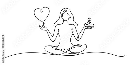 A continuous line drawing representing a woman balancing love and money in meditation Vector, illustration