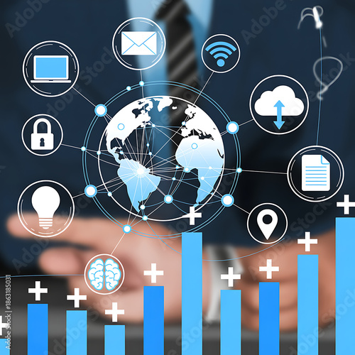 A simple illustration showing a global digital social network connecting people and businesses around the world