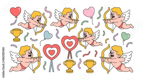 Sweethearts' Ambiance:  Whimsical cherubs with arrows fly through a heart-filled atmosphere. A playful and affectionate illustration of love, romance, and Valentines Day.