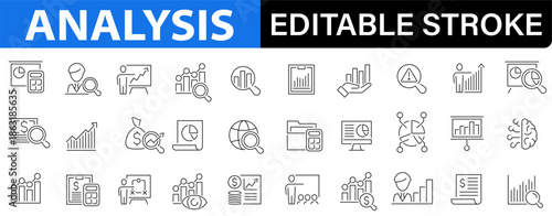 Analysis icon set. Infographic, analytics, financial, seo, planning, balance. Editable stroke. Vector illustration.