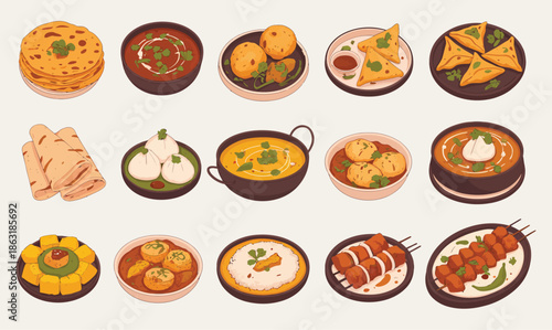 
vector illustration of india cuisine set, colorful traditional indian dishes, spices and ingredients, flat minimal design, food icons collection, isolated on white background for web and print.