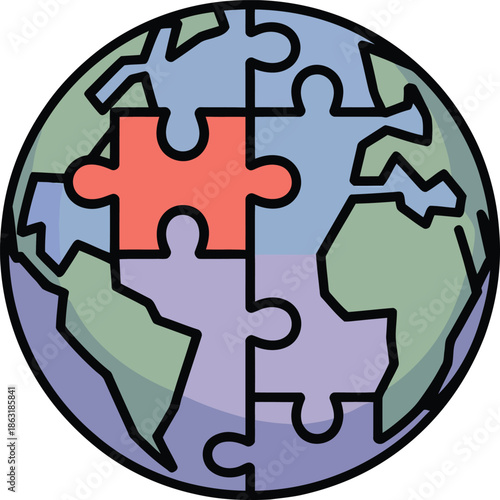 Global earth puzzle logo showing world unity and problem solving connection