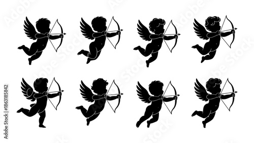 Cupid's Arrows: A visual representation of love and affection, featuring multiple silhouettes of Cupid aiming his bow and arrow, symbolizing the pursuit of affection and the tender touch of romance.