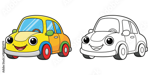 Cute cartoon car character vector illustration. Yellow automobile with happy face. Coloring book page outline and colored version isolated on white background for kids education.