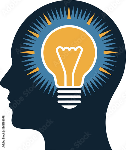 Human head silhouette with glowing light bulb inside, symbolizing creative idea and insight logo