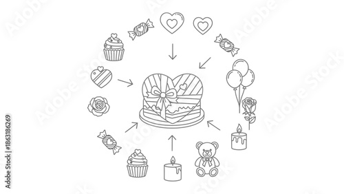 Love's Sweet Circle: A whimsical circular design filled with Valentine's Day treats, representing the joy and sweetness of love's celebration. 