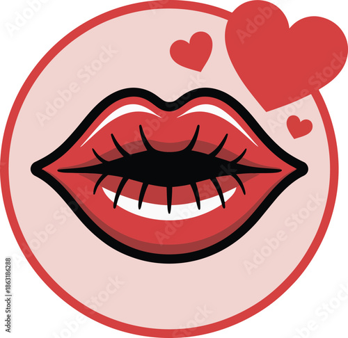 Red lips and hearts logo, symbolizing kiss and passion, perfect for beauty brands