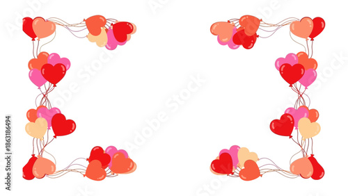 Heart Balloons Frame: A romantic border crafted from a cluster of heart-shaped balloons in vibrant red, pink, and orange hues. Perfect for adding a touch of love and cheer to any design.