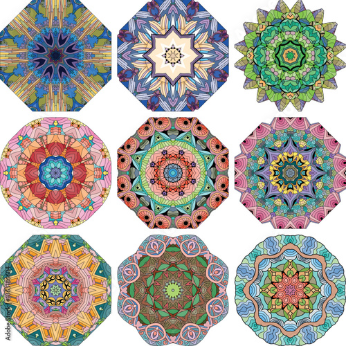 Set of colorful cute Mandalas. Decorative unusual round ornaments.