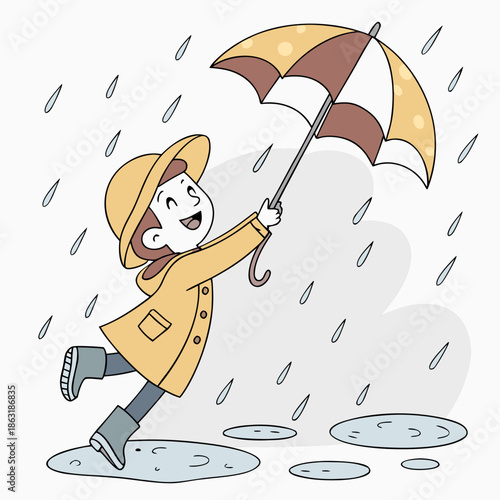 Cartoon child in yellow raincoat playing with umbrella on rainy day