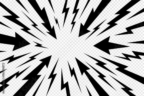 Thunder manga burst lines with comic arrow lightning vector rays. Thunder manga bg for anime effect, power flash and light motion. Graphic abstract design background element.