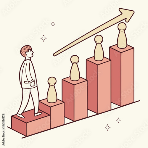 Man standing on block graph with ascending wooden figurines and arrow