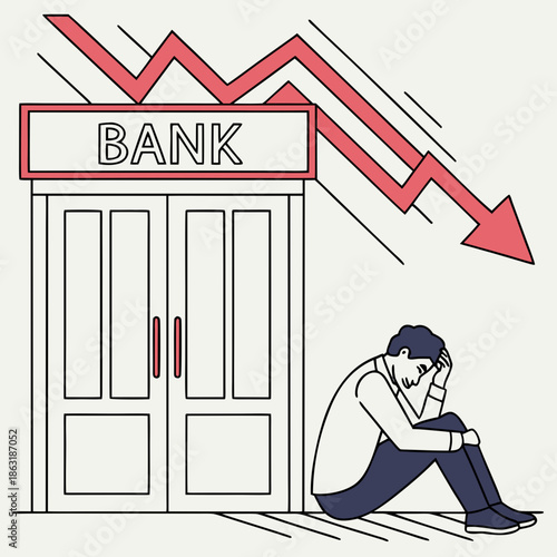 Man sitting in front of bank with falling graph arrow