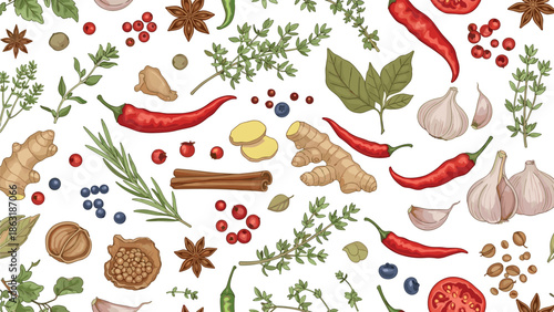 Seamless pattern featuring a diverse collection of hand drawn spices and herbs like chili pepper, ginger, garlic, and rosemary.