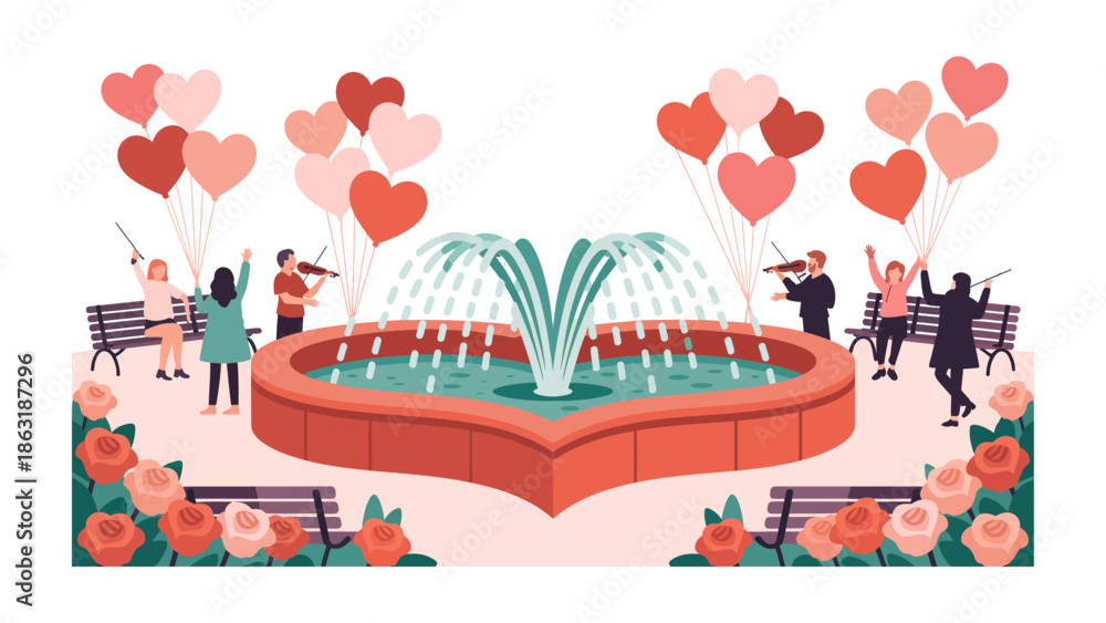 Φωτογραφία Love's Serenade: A picturesque heart-shaped fountain, adorned with lush floral arrangements and graceful benches, serves as a romantic setting