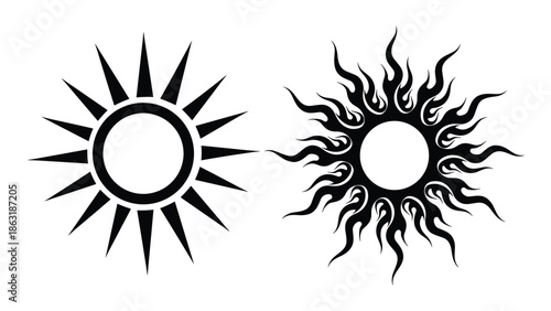 Set of two distinct black sun symbols featuring sharp geometric rays and fluid flame like waves for mystical or decorative purposes.