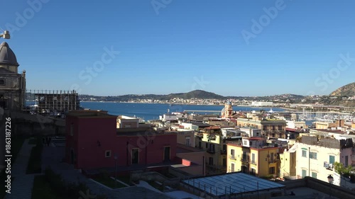 Panoramic view of Pozzuoli, a seaside town in the province of Naples, Italy.