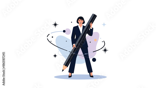 Professional woman in a dark suit standing confidently while holding a giant pencil as a symbol of creativity and professional design.