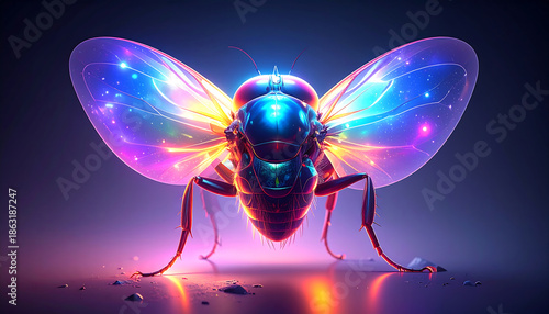 The Central Subject- A bee-like insect is the focal point, rendered with glowing