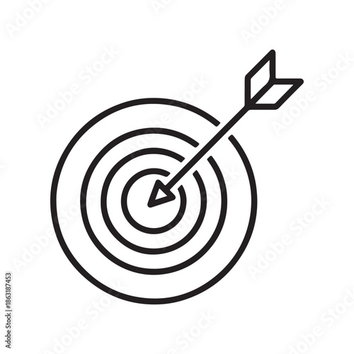 Target with arrow hitting bullseye center outline vector icon
