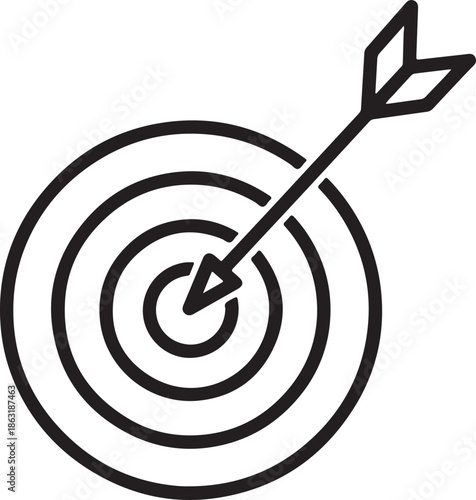 Target with arrow hitting bullseye center outline vector icon