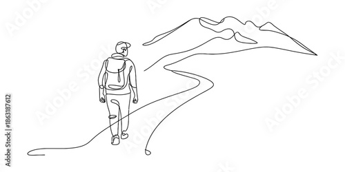 Person walking on a winding path towards a mountain Vector, illustration