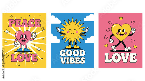 Trio of colorful groovy retro posters featuring cheerful heart and sun characters with positive messages like peace love and good vibes.