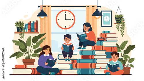 Group of diverse children enjoying reading books while sitting on giant stacks of literature in a cozy and bright indoor environment.