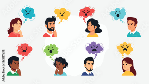 Collection of people avatars with thought bubbles expressing various intense emotions like sadness, anxiety, anger, and worry.