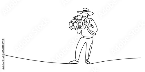 A minimalist line art drawing of a photographer holding a camera Vector, illustration