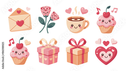 Sweet Valentine's Day Delights: Charming assortment of Valentine's Day essentials, including a love letter, blooming roses, a cozy coffee, adorable cupcakes and wrapped gift boxes.