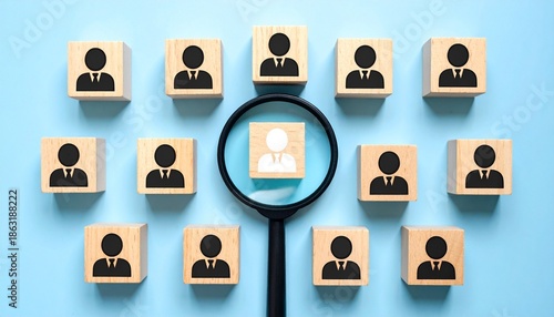 Magnifying glass highlighting standout figure among grid of suited icons on blue blocks.