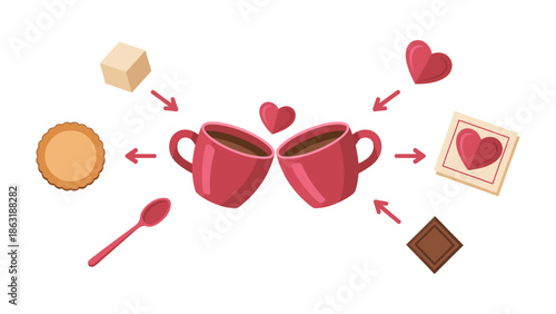 Coffee Celebration of Sweetness: Two coffee cups sharing a moment in togetherness with small cookies, sugar, and chocolate on a love day.