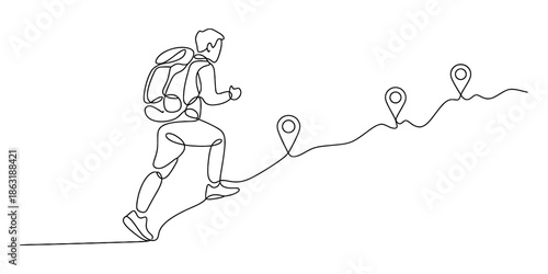 A continuous line drawing illustrating a hiker's journey along a path marked with milestones. Vector, illustration
