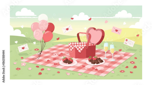 Love Picnic: A romantic picnic setting adorned with heart-shaped elements, ready to celebrate the Valentine.