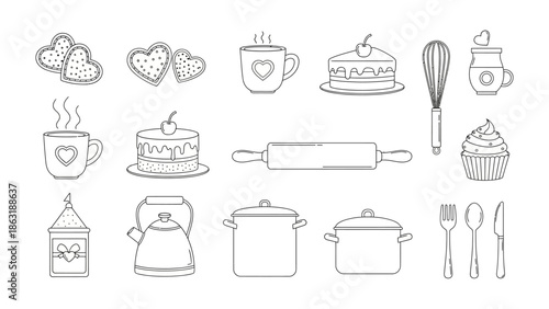 Baking Essentials: An illustrated array of essential baking tools and treats are artfully displayed. From whisk to kettle, a complete culinary exploration.