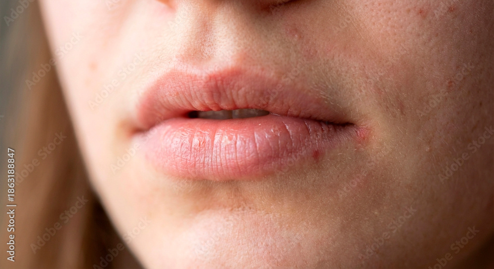 Fototapeta premium Close-up of a woman's mouth showing dry chapped lips and skin irritation with blemishes.