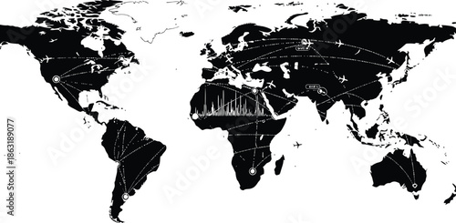 Airplane pathway vector set featuring various travel route designs with planes, dotted lines, and navigation markers black and white on white background 