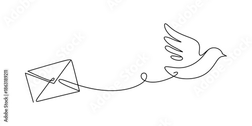 Minimalist one-line art illustration of a bird flying with a connected message envelope Vector, illustration