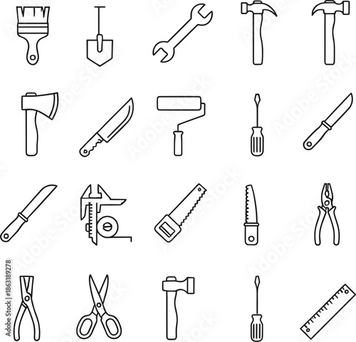Professional hand tools and DIY construction line icons set featuring hammers wrenches screwdrivers saws pliers paint brushes and knives.