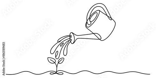 Continuous line drawing of a watering can pouring water onto a seedling Vector, illustration