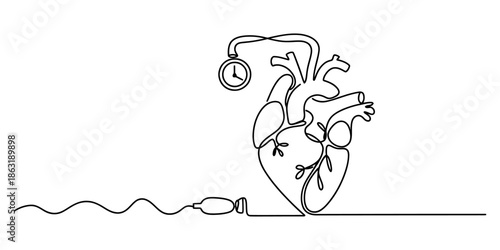 Continuous line art illustration of a heart connected to a pocket watch and power plug Vector, illustration