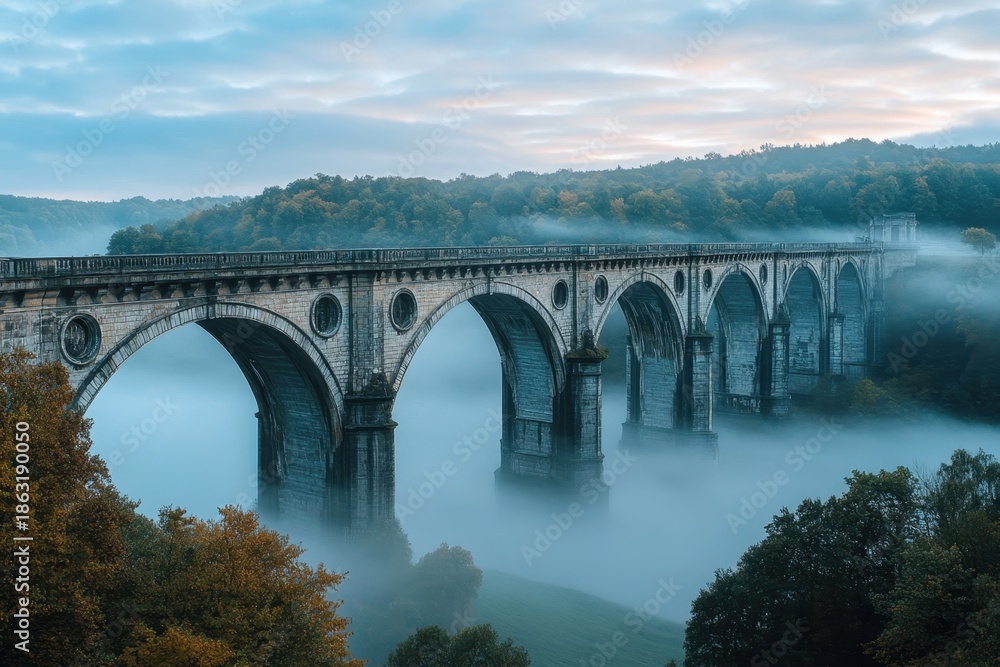Fototapeta premium Majestic stone bridge rises above the misty river in the early morning light