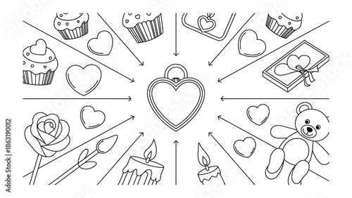 Elegant Valentine's Sketch: A delightful illustration showcases a heart-shaped pendant surrounded by Valentine's Day essentials, including a rose, cupcakes, candles, teddy bear, and gifts.