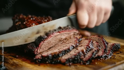 Wallpaper Mural Cutting cooked meat on a wooden board close up shot Torontodigital.ca