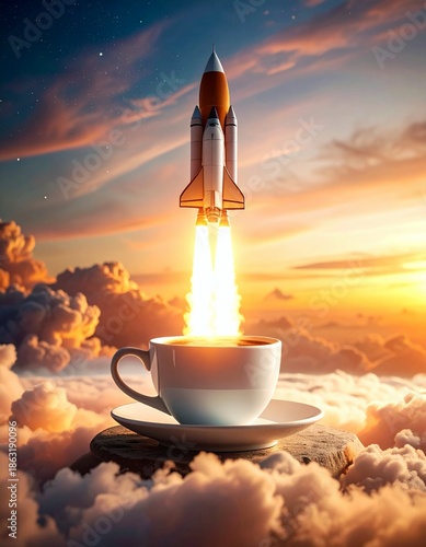 Rocket launching from coffee cup high above golden clouds