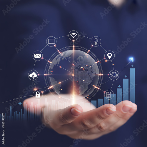 A businessman's hand uses a finger to touch a digital button on a virtual screen, connecting a global social network through future internet technology and web communication icons